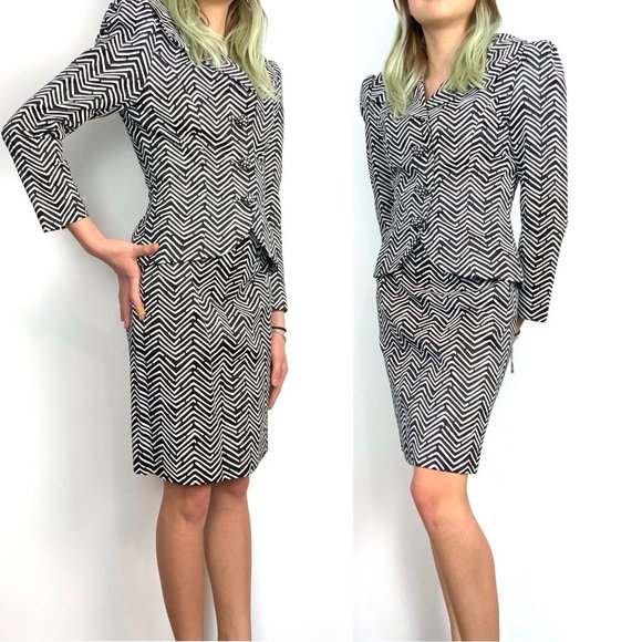 Monteverdi Couture Jackets & Blazers - Vintage Monteverdi Couture Genova Luxury Silk Black & White Shevron Suit Sz 4 -2